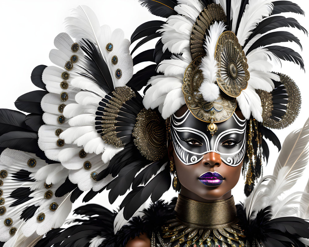 Detailed Digital Art Portrait of Woman with Black & White Feather Headdress