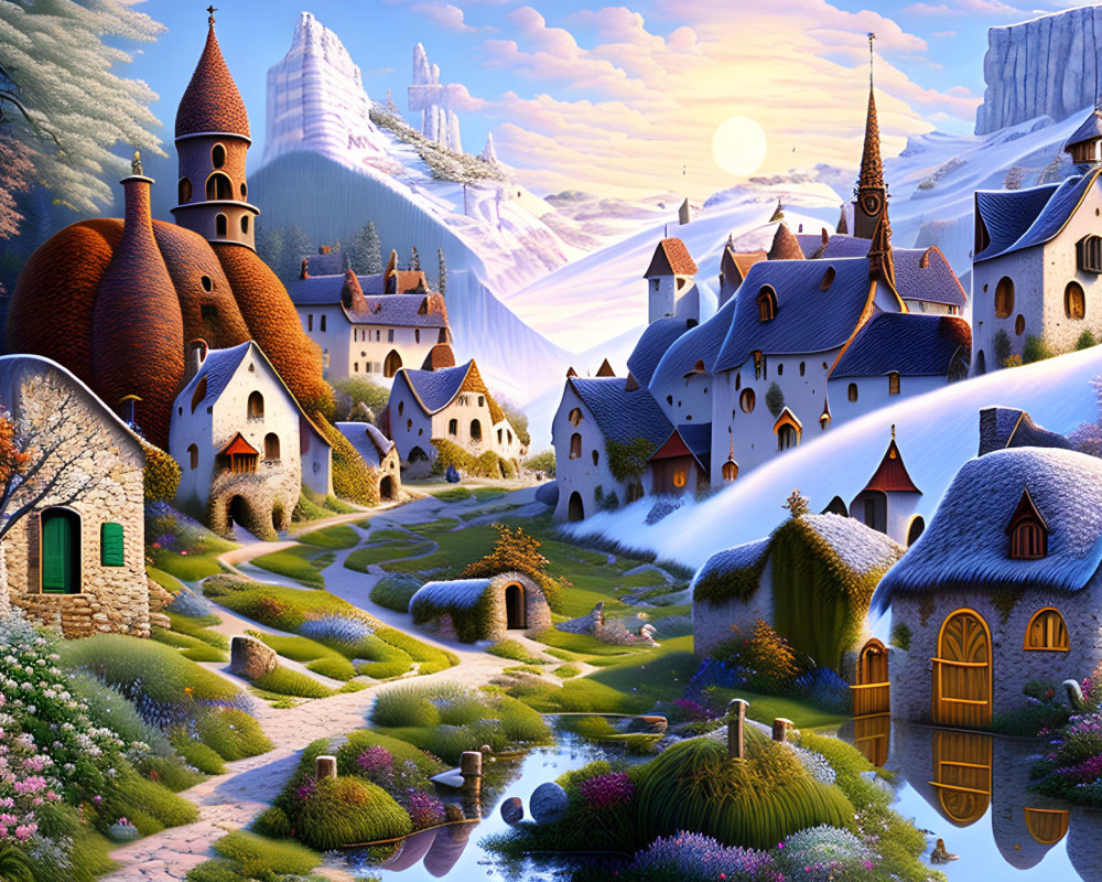 Fantasy village with whimsical cottages, river, mountains at sunset