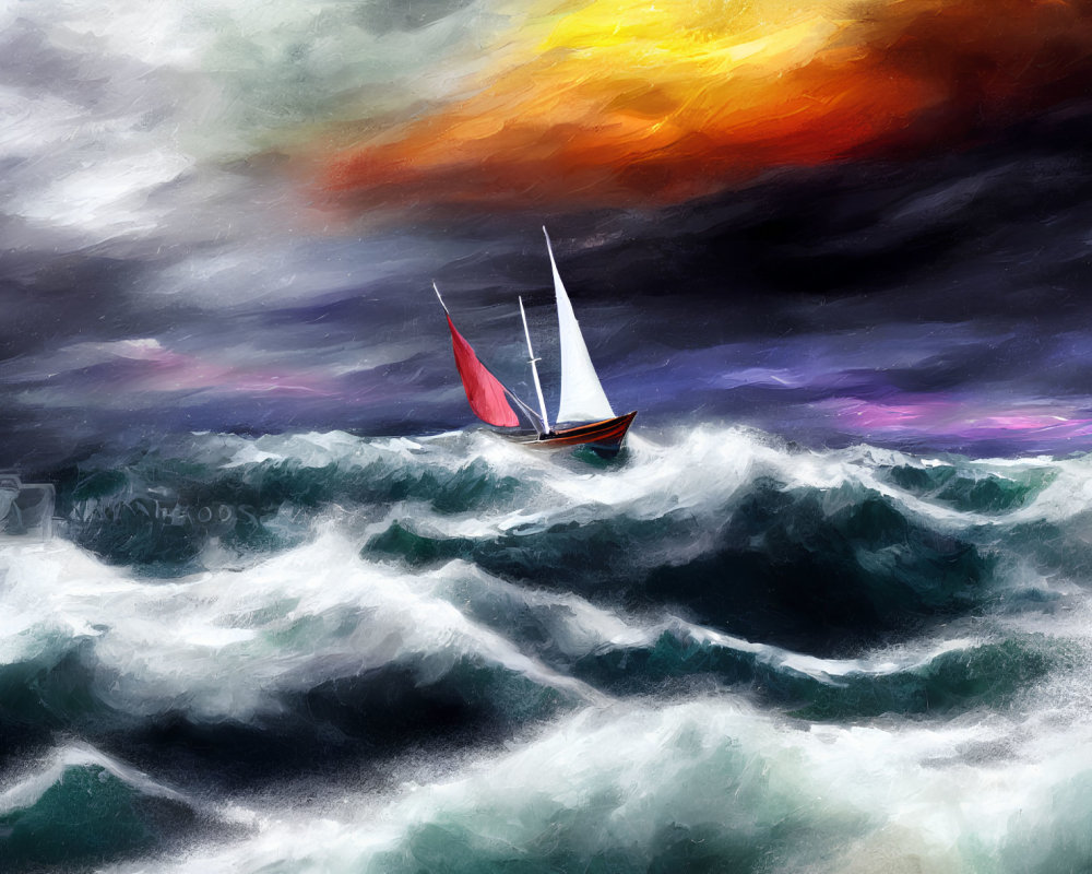 Colorful sailboat painting in stormy sea under dramatic sky