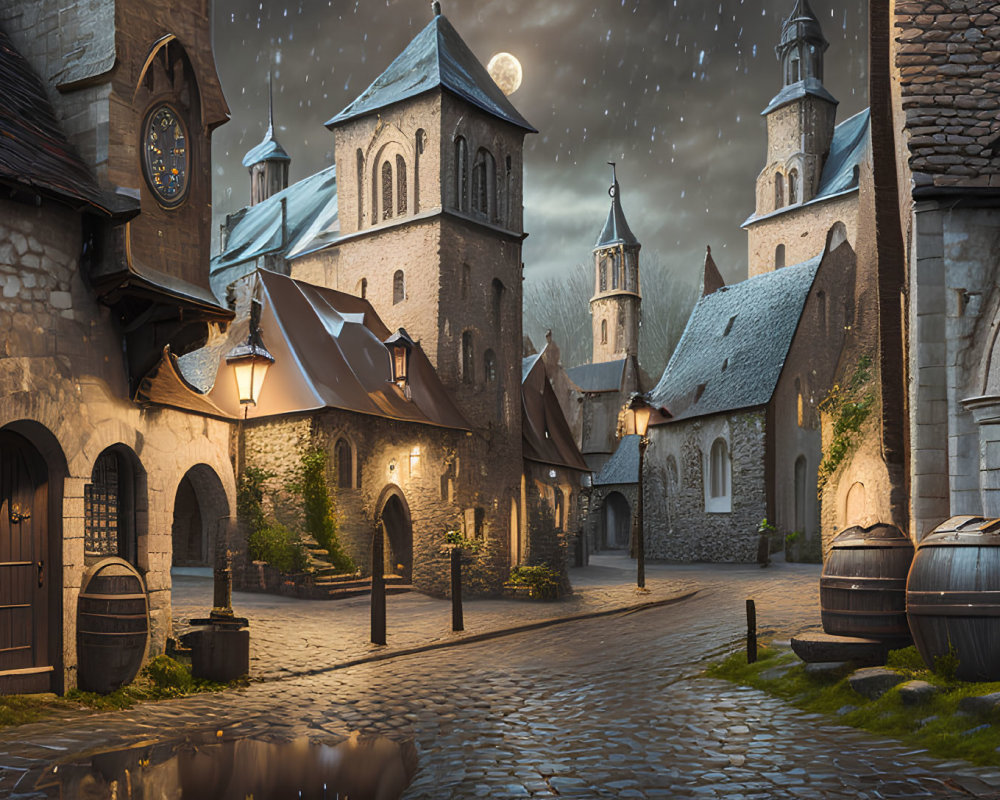 Medieval village night scene with cobblestone streets, lanterns, and full moon.