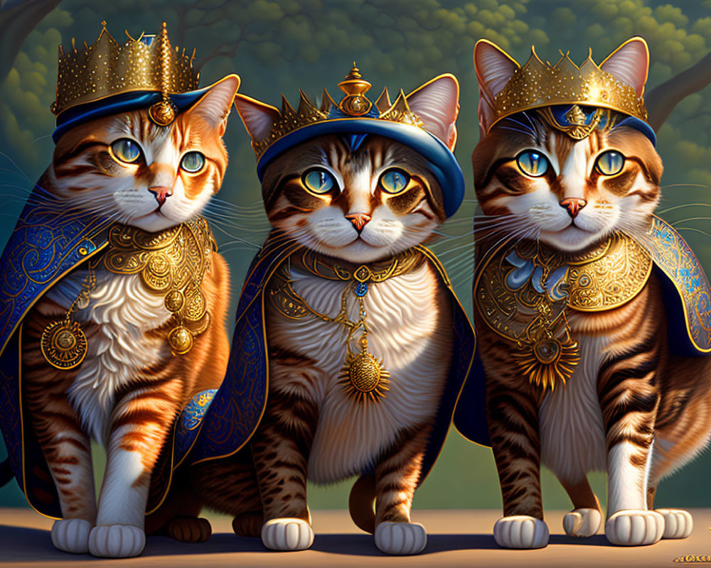 Regal cats with golden crowns and blue cloaks in forest setting