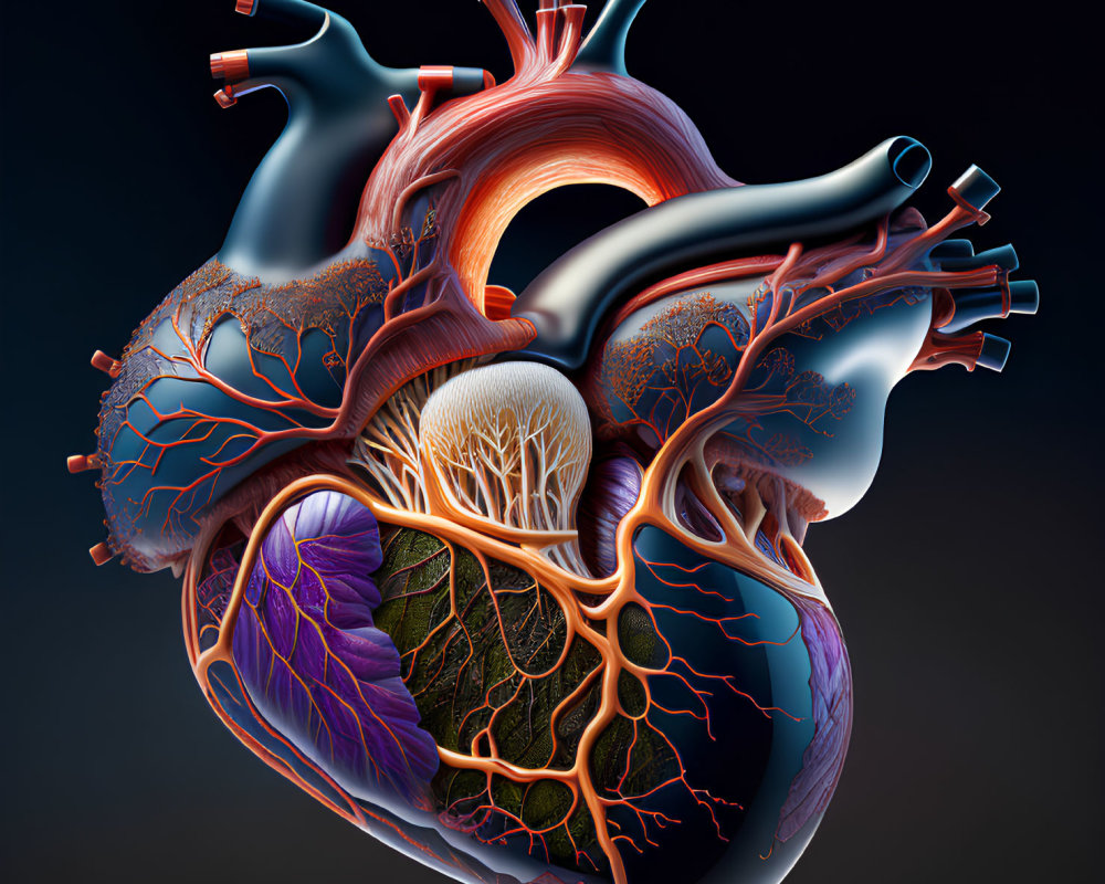 Detailed 3D Human Heart Illustration with Chambers, Arteries, Veins, and V