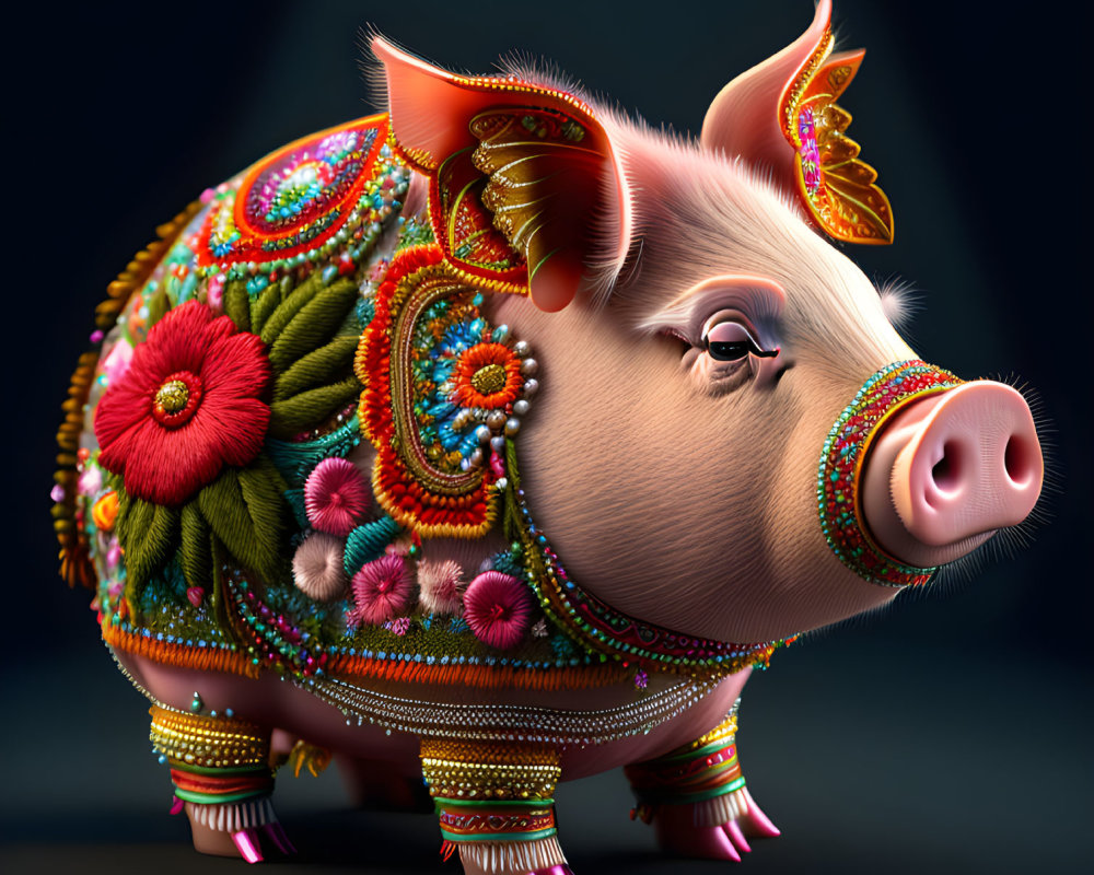 Colorful Floral Patterned Pig Artwork on Dark Background