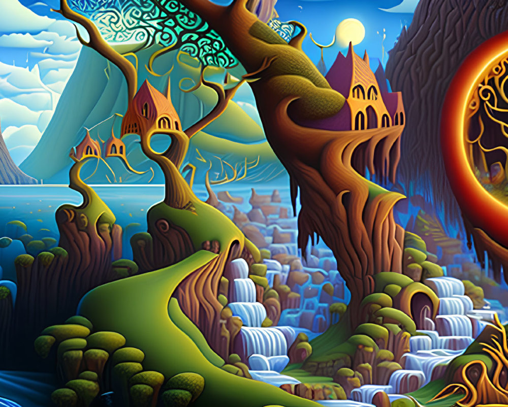 Fantastical landscape with whimsical trees, rivers, mountains, castles, and butterfly