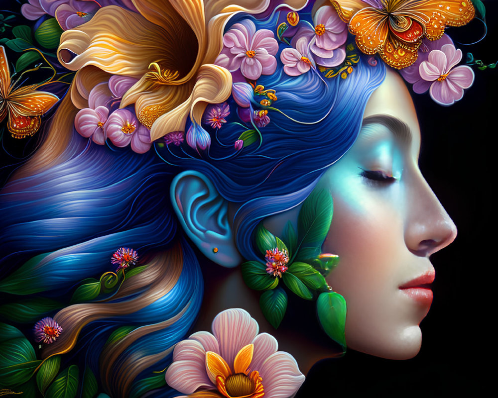 Vibrant Blue Hair Woman Profile with Flowers and Butterflies on Dark Background