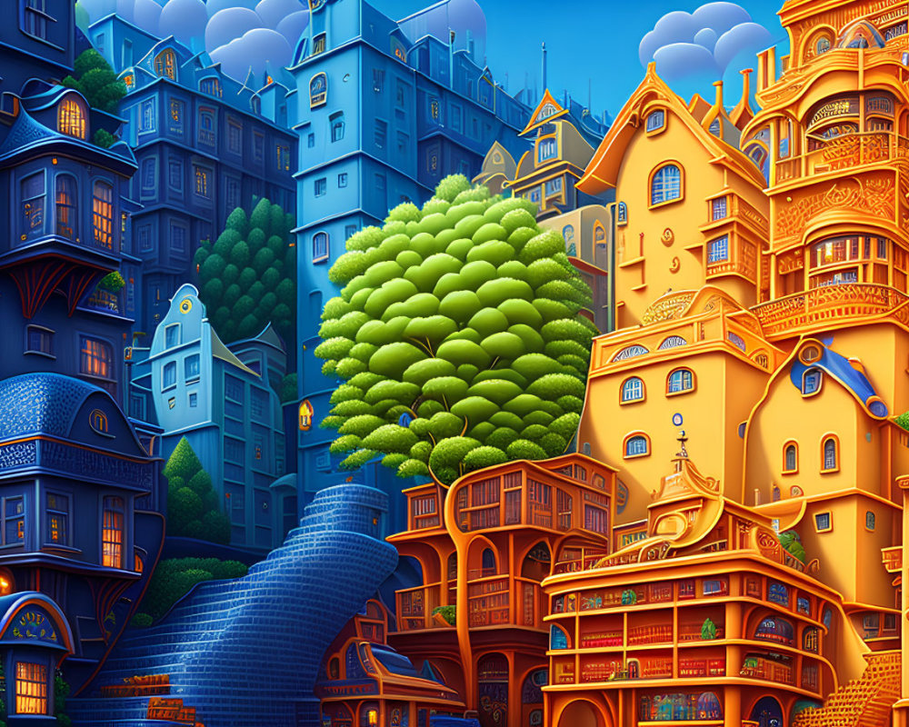 Vibrant Illustration of Whimsical Town with Colorful Buildings