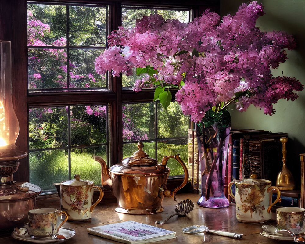 Vintage interior with oil lamp, copper tea set, books, pink blossoms, and garden view.