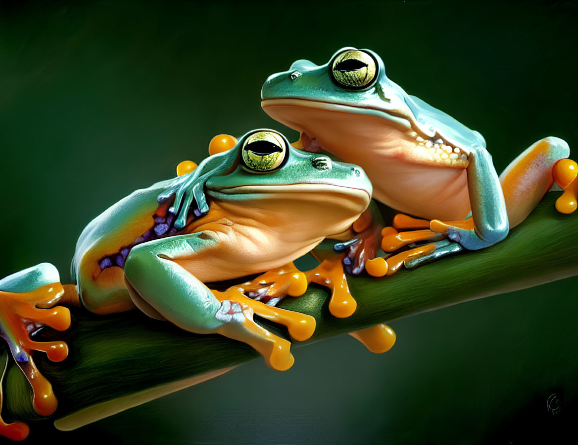 Colorful, detailed frogs on branch against dark green background