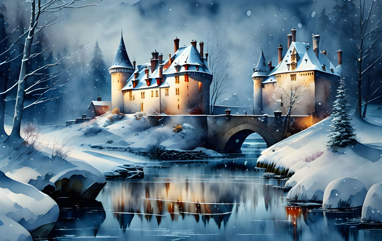 Snow-covered castle and stone bridge in winter dusk scene