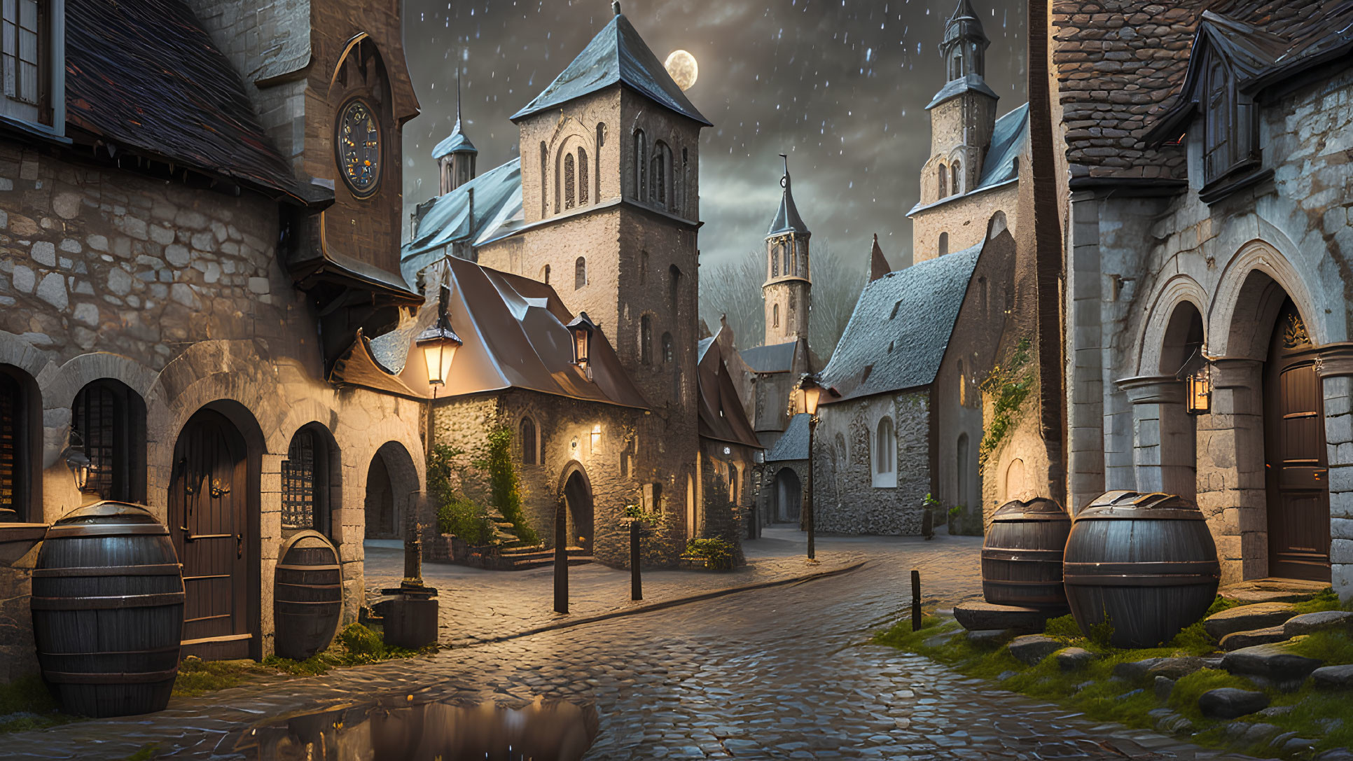 Medieval village night scene with cobblestone streets, lanterns, and full moon.