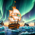 Sailing ship under aurora borealis in polar landscape