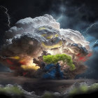 Surreal landscape featuring house on tree under swirling sky.