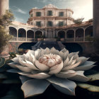 Detailed Illustration of Ornate House with Lotus Flower in Lush Setting