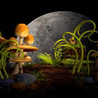 Surreal landscape with luminescent mushrooms, mossy hills, and large moon