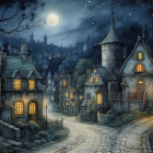 Quaint village twilight scene with cobblestone paths and moonlit mountains