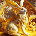 Intricate golden rabbit with stylized foliage on patterned background