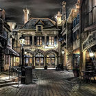 Snowy night scene with lantern-lit old-world street and medieval architecture
