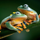 Colorful, detailed frogs on branch against dark green background