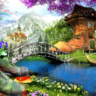 Colorful oversized hiking boots in vibrant fantasy landscape with lake, trees, and mountains