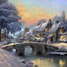 Snow-covered winter landscape with frozen river, bridge, houses, and sunset.