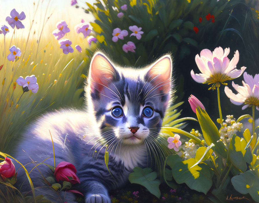 Tabby kitten with blue eyes in lush garden setting