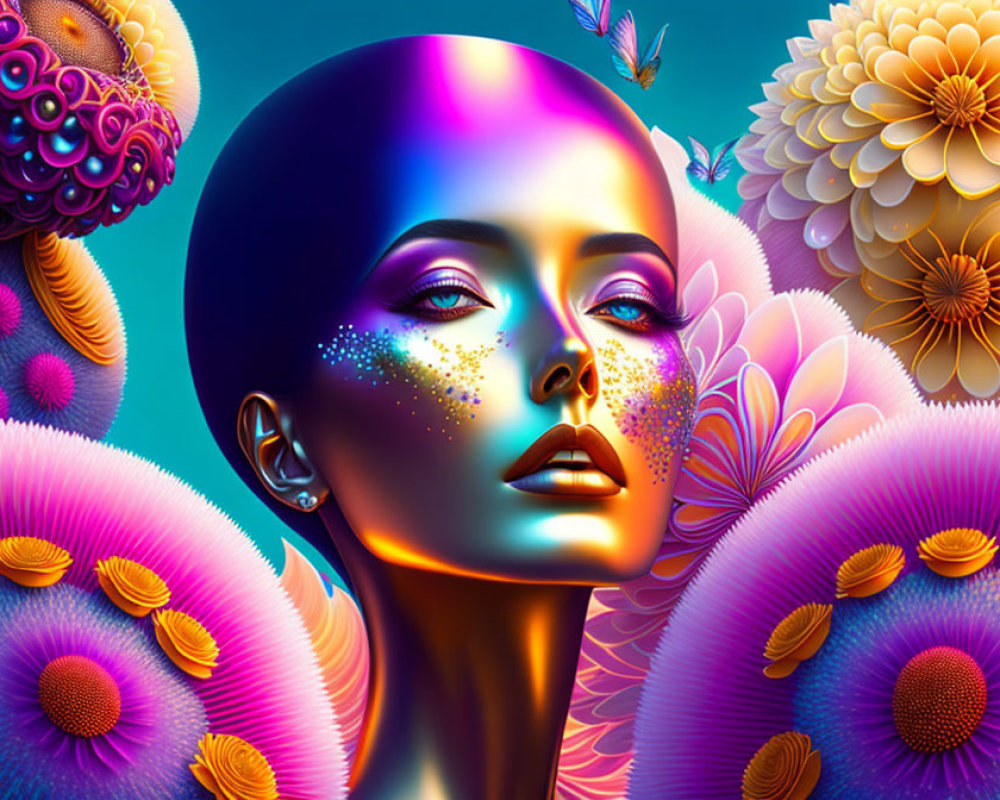Vibrant digital artwork of woman's face with purple and blue tones
