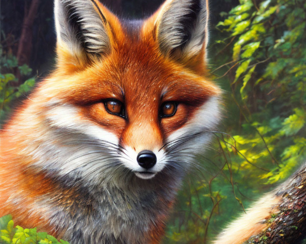 Detailed painting of red fox on tree branch in lush forest
