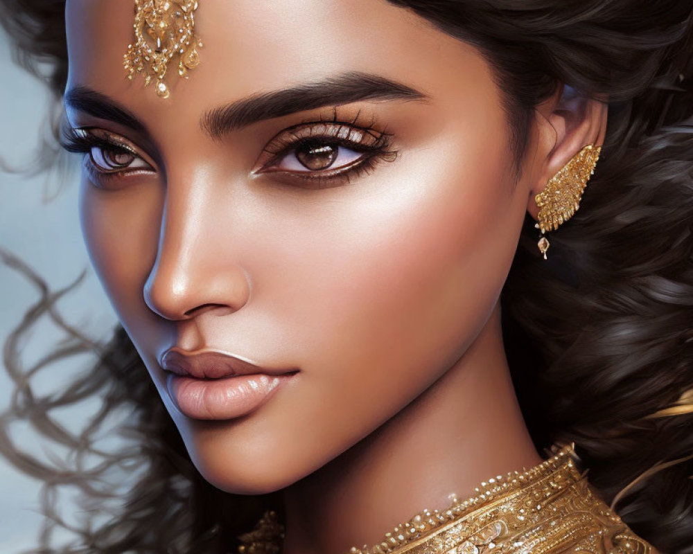 Portrait of woman with brown eyes, gold jewelry, and dark wavy hair