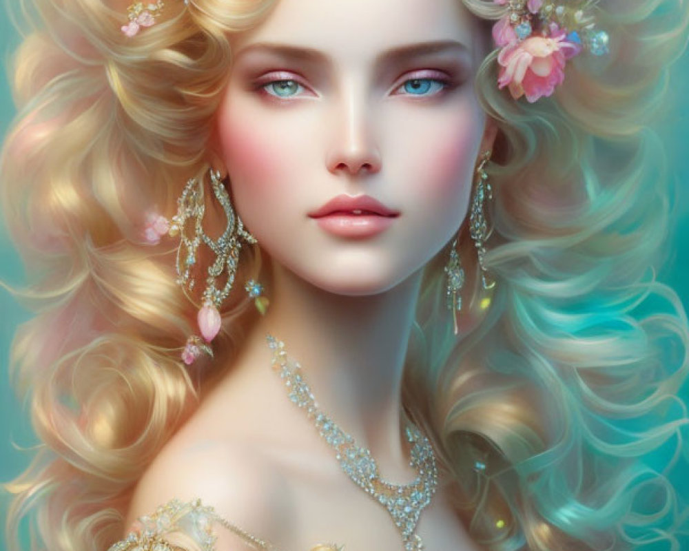Fantasy illustration of woman with golden hair and floral jewelry