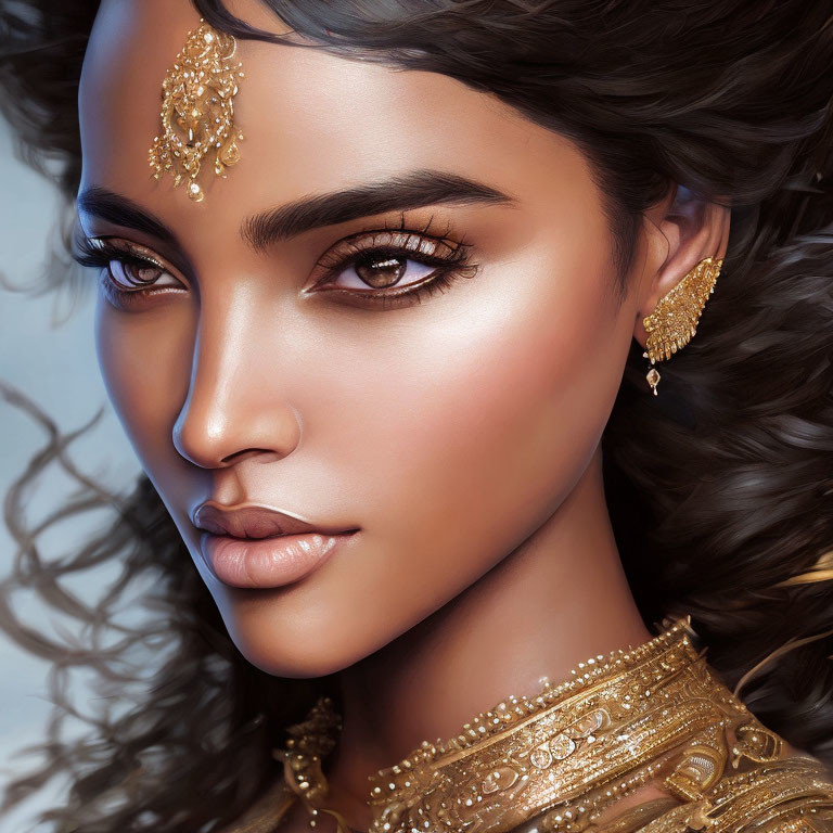 Portrait of woman with brown eyes, gold jewelry, and dark wavy hair