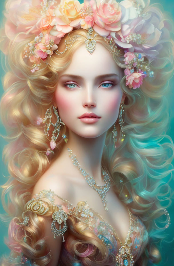 Fantasy illustration of woman with golden hair and floral jewelry