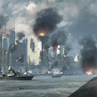 City skyline with smoke, fire, military ships, and aircraft.