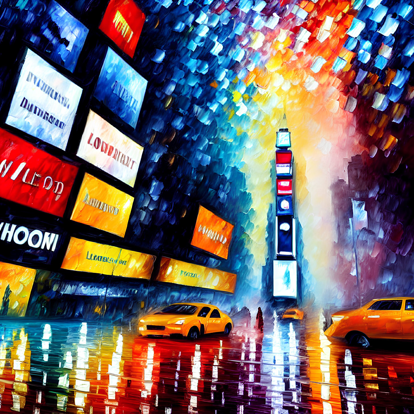 Colorful cityscape painting with billboards, tower, wet ground, and taxis
