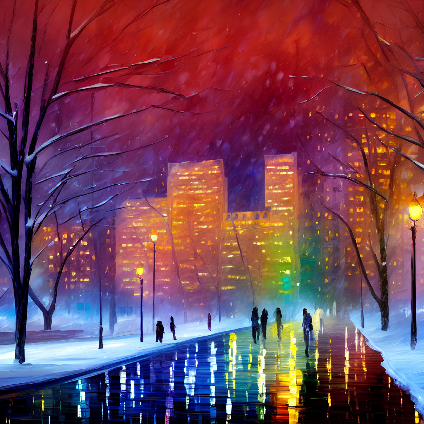 Snowy City Park Night Scene with Colorful Buildings & Silhouettes