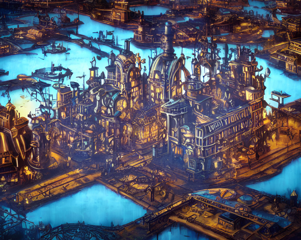 Detailed Steampunk Cityscape at Dusk with Blue Tones