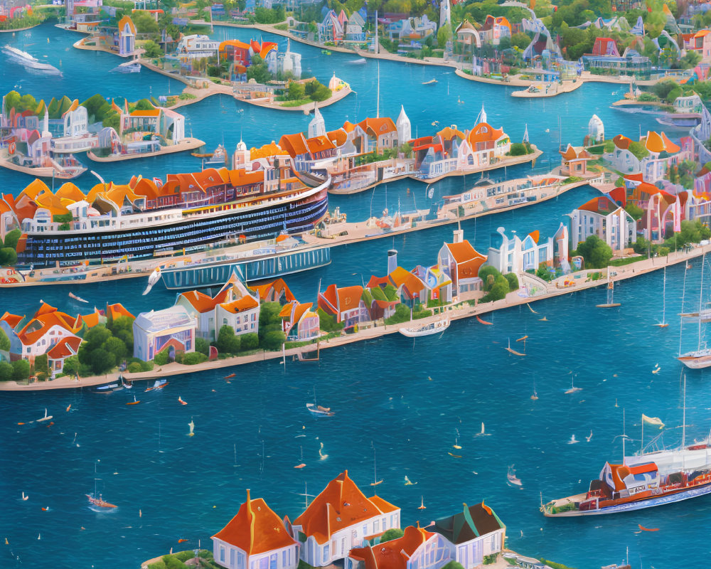 Vibrant coastal town with cruise ship, sailboats, and clear blue water