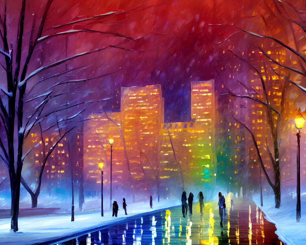 Snowy City Park Night Scene with Colorful Buildings & Silhouettes