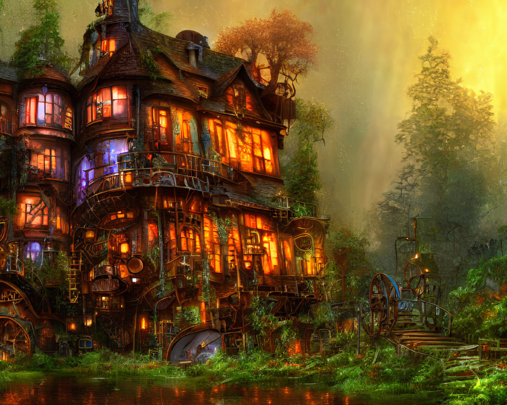 Steampunk house with gears and waterwheel in lush forest