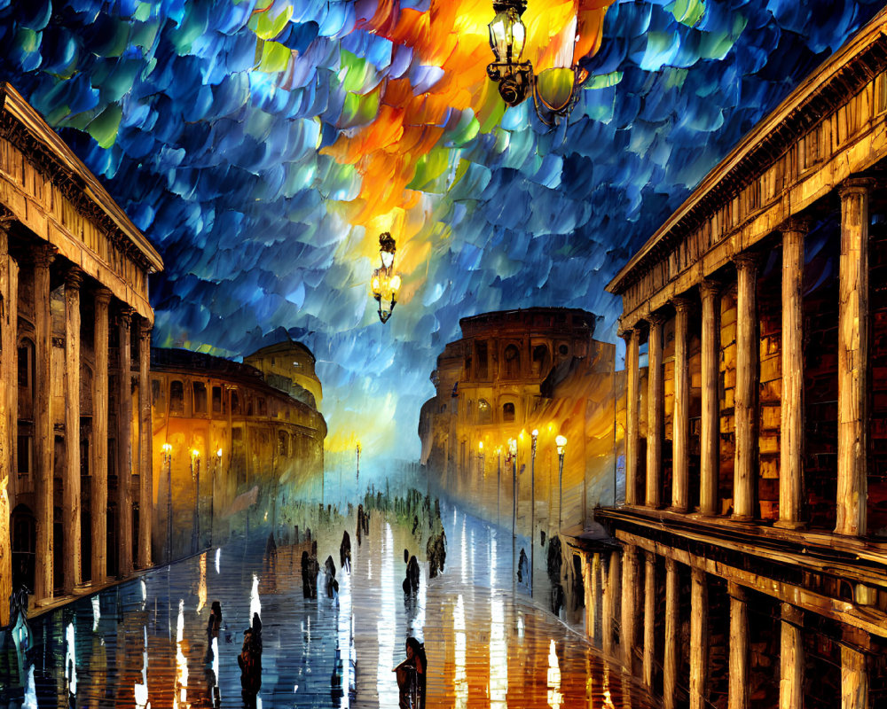 Vibrant Impressionist Painting of Rainy City Street