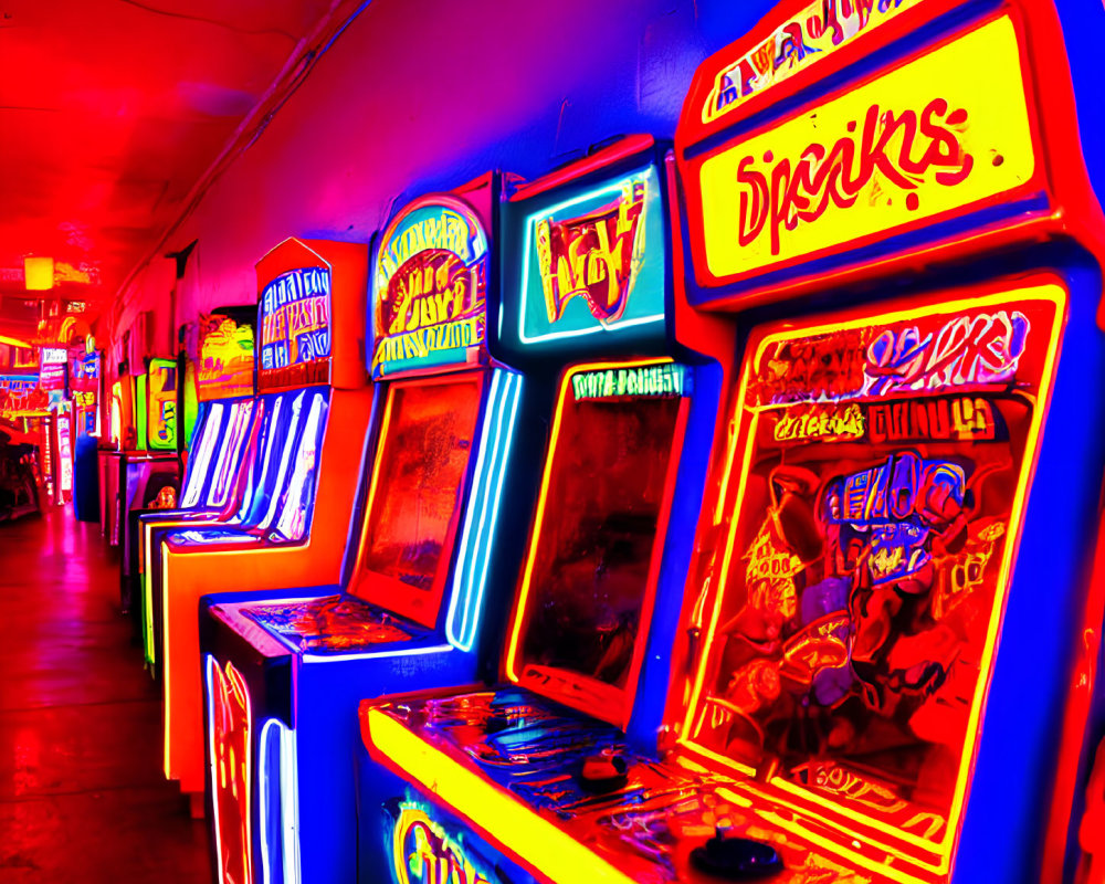 Vibrant neon-lit arcade with rows of retro gaming cabinets