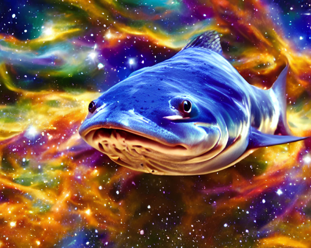 Digitally manipulated shark on vibrant cosmic background
