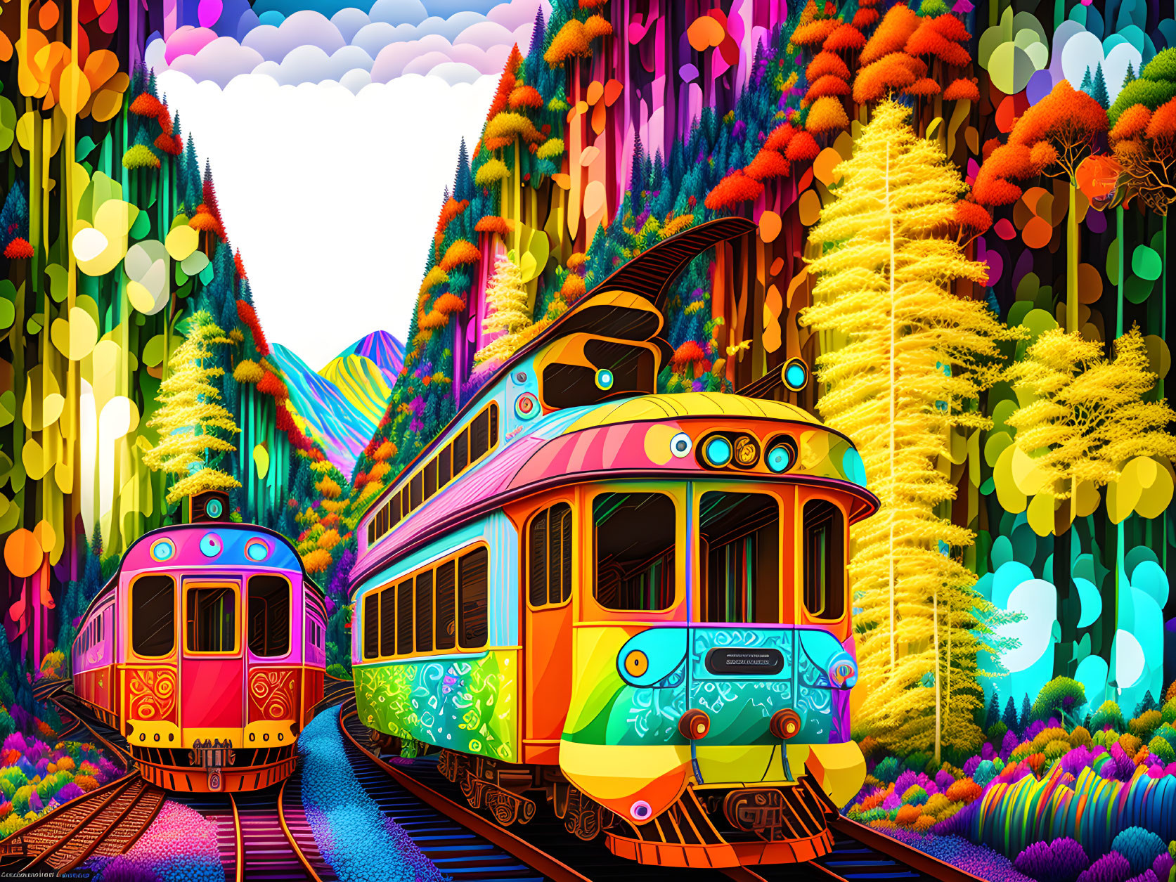 Vibrant illustrated landscape with colorful trains, trees, mountains, and heart-shaped clouds.