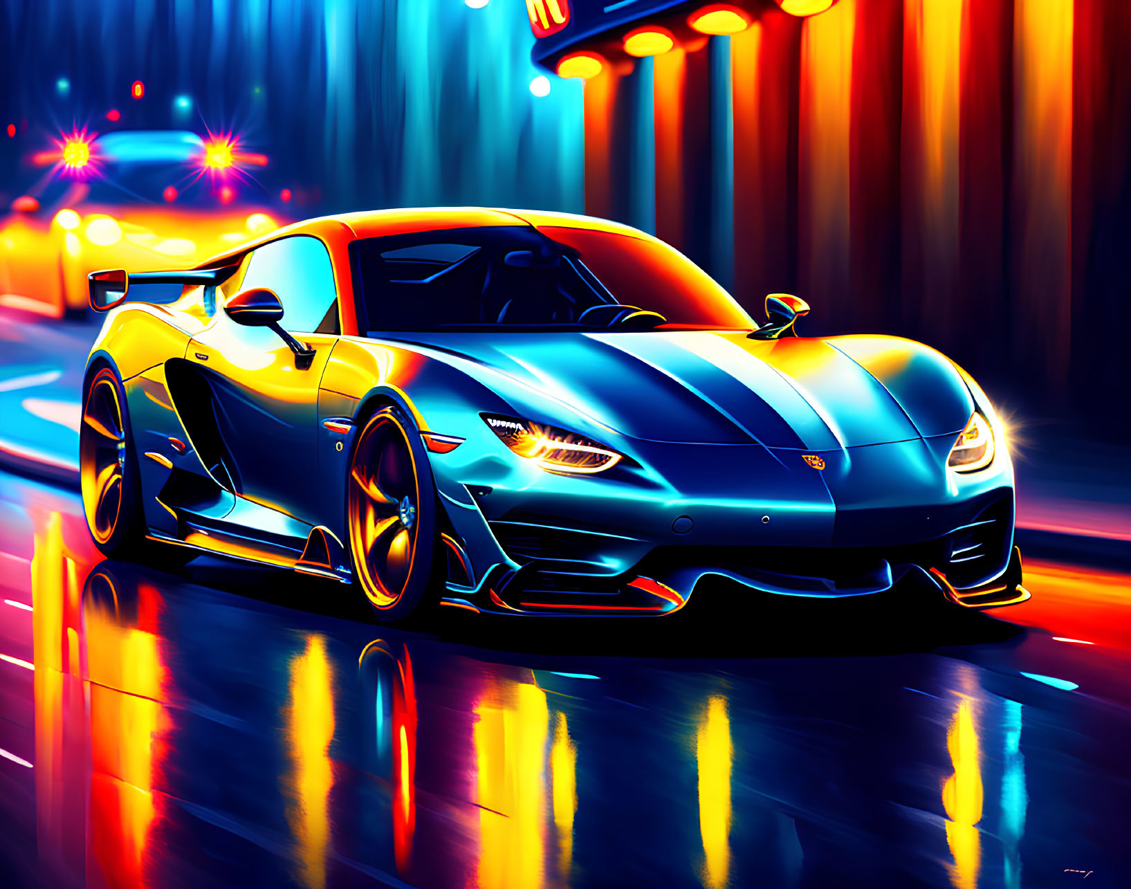 Colorful digital artwork: Blue sports car with neon reflections and city lights backdrop