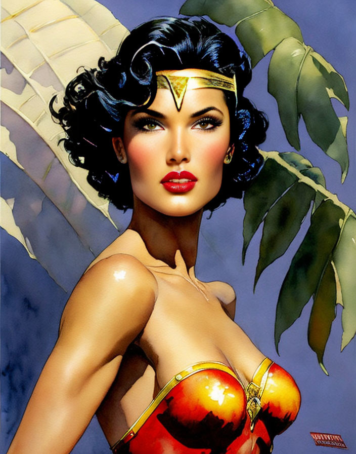 Female superhero illustration with golden tiara, dark hair, red & gold costume, set against leafy