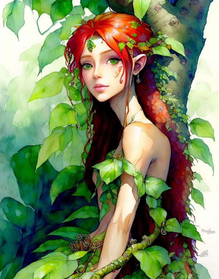 Vibrant illustration: red-haired elfin creature with tattoos among green leaves