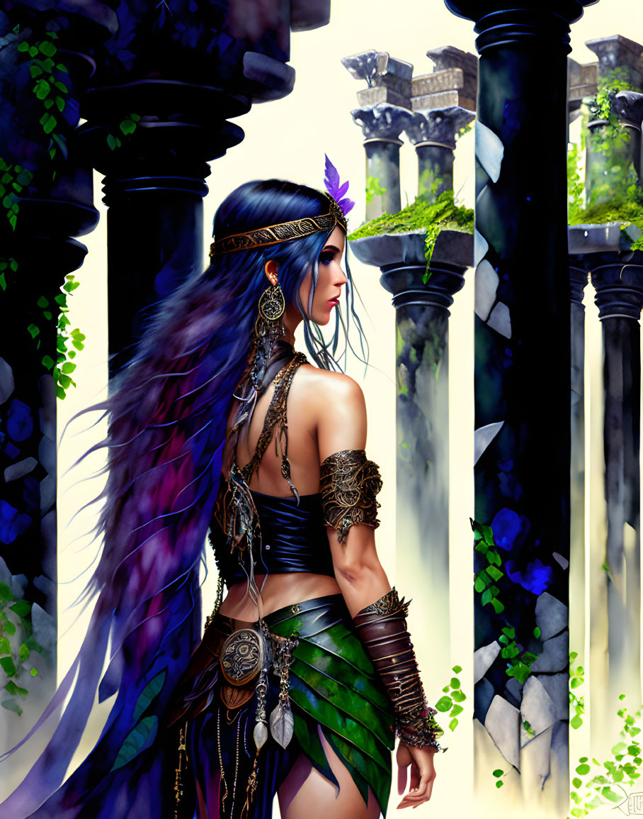 Fantastical female warrior with purple hair and feathers in elaborate armor among stone columns
