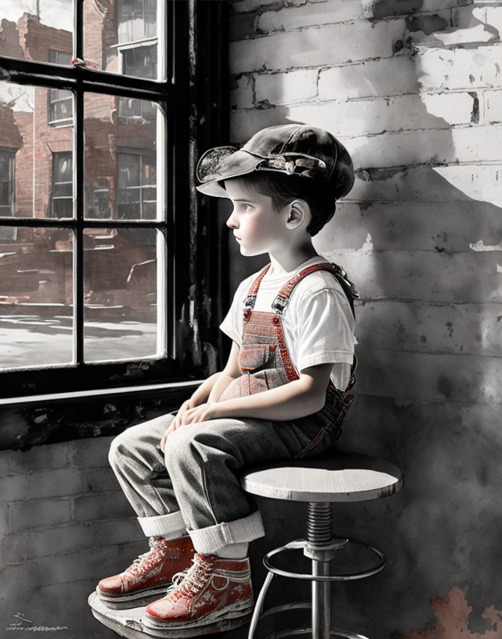 Young boy sitting by window with brick wall backdrop and street scene.