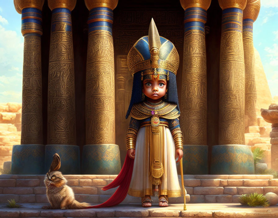 Animated young pharaoh and rabbit in front of ornate pillars
