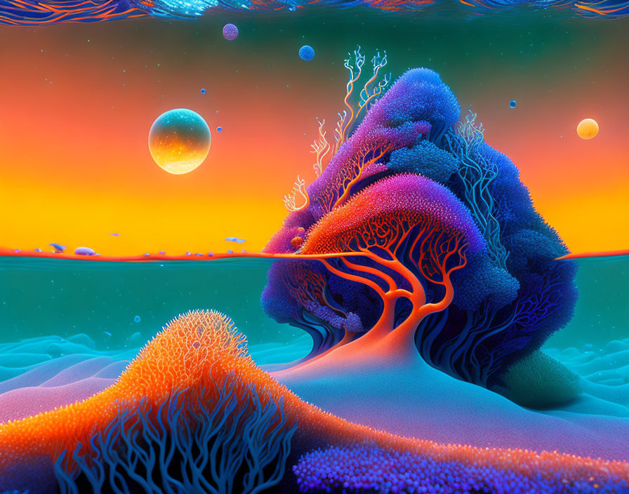 Colorful surreal landscape with alien sea, sky, coral-like structures, and fantastical planets.