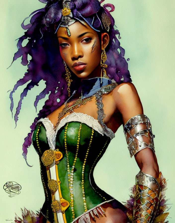 Illustrated female character with purple hair, green corset, metallic arm bracers, and gold accessories